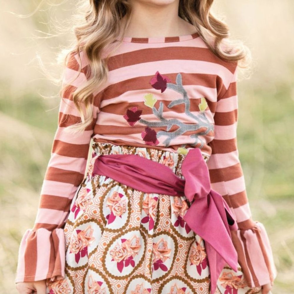 Persnickety Autumn Splendor Ruffle Sleeve Tee Brown Pink Stripe Applique… - Picture 2 of 11